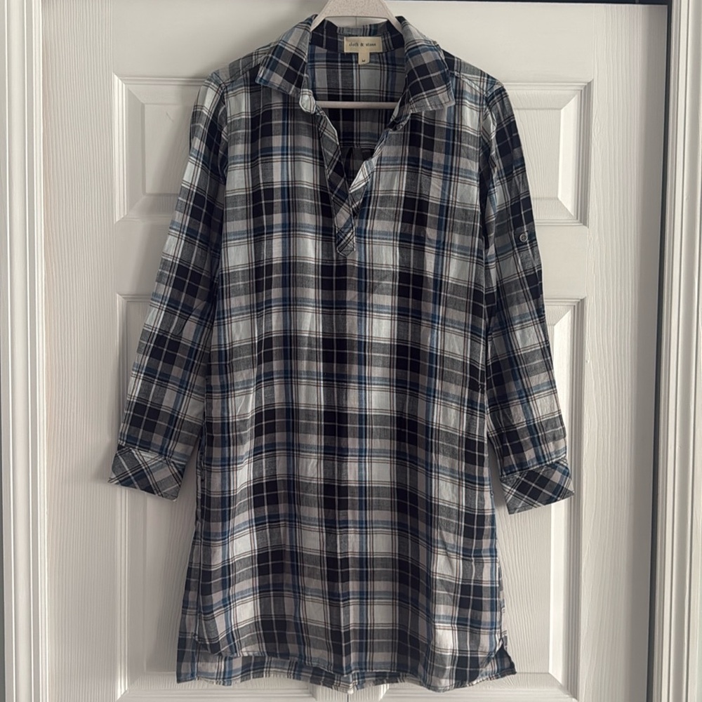 Cloth & Stone Plaid Flannel V Neck Shirt Dress-Size Medium